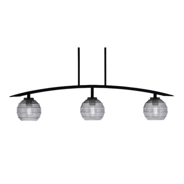 Unbranded Siena 41 in. 3-Light Matte Black Chandelier with 6 in. Smoke Ribbed Glass Shades No Bulbs Included