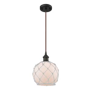 Farmhouse Rope 1-Light Oil Rubbed Bronze Globe Pendant Light with White Glass with White Rope Glass and Rope Shade