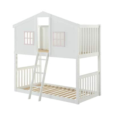Rohan Cottage White and Pink Twin Over Bunk Bed