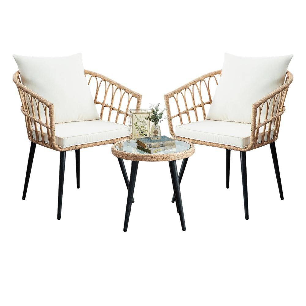 3-Piece Rattan Patio Bistro Set for Porch, Backyard, Lawn, Poolside Deck, Wicker Balcony Furniture Sets, Beige price history on PriceWatchPro