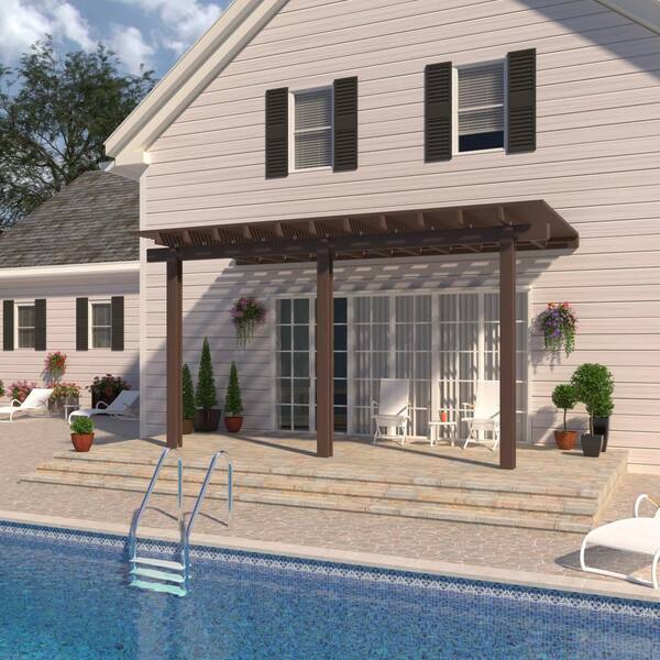 Integra 14 ft. x 10 ft. Brown Aluminum Attached Open Lattice Pergola with 3 Posts Maximum Roof Load 10 lbs.