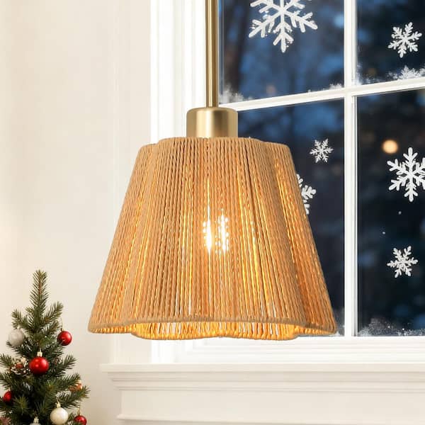 60-Watt 1-Light Brass Pendant Light Fixture with Hemp Paper Rope Shade