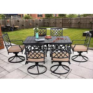 Black 7-Piece Rectangle Table Metal Patio Outdoor Dining Set with Swivel Chairs with Beige Cushions