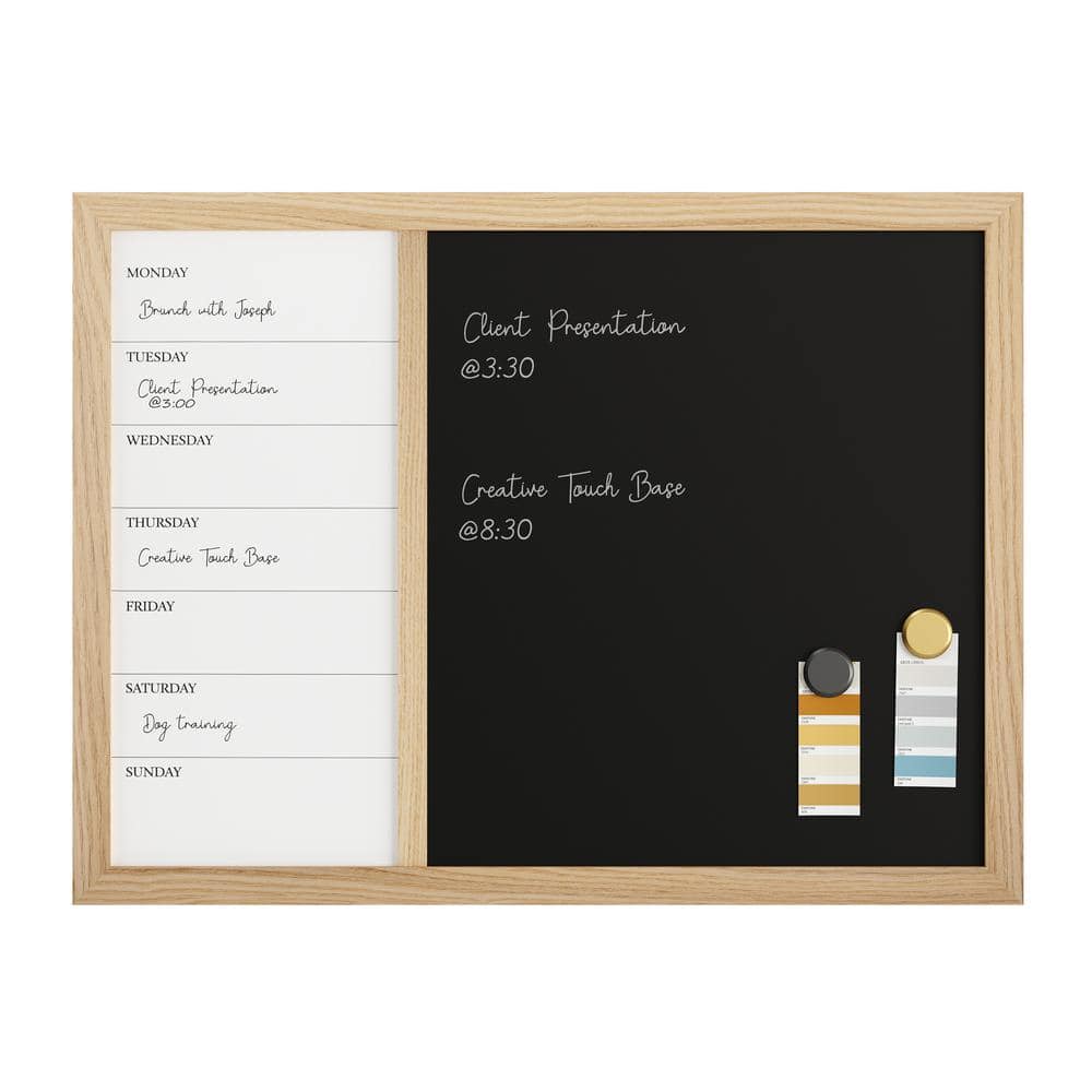Light Natural Woodgrain Magnetic Weekly Calendar Dry Erase and Chalk Board 24" x 18"