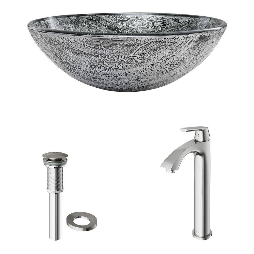 Slate Grey Round Glass Vessel Sink with Brushed Nickel Faucet