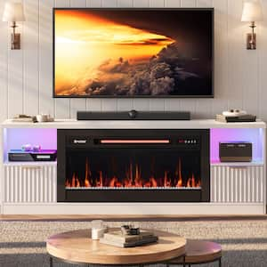 71 in. Fluted Glossy White Electric Fireplace TV Stand Fits TV Up to 75 in. Entertainment Center with Cabinet