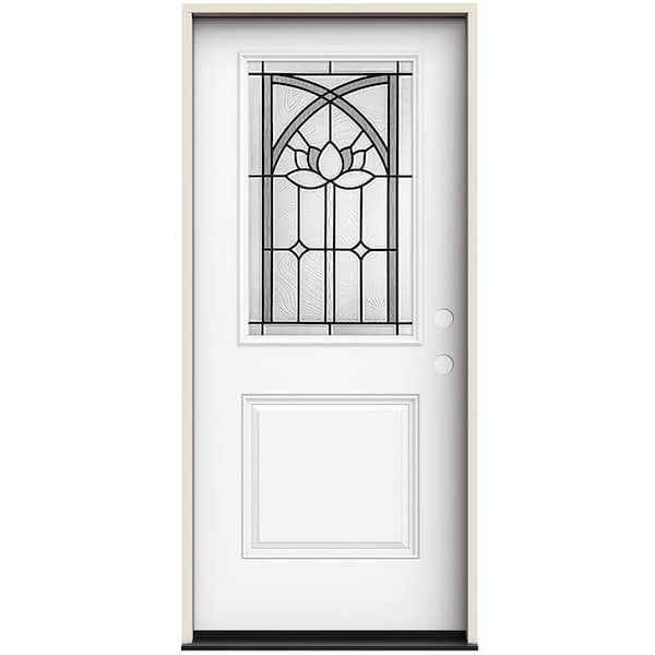 JELD-WEN 36 in. x 80 in. Left-Hand/Inswing 1/2 Lite Ardsley Decorative Glass Modern White Steel Prehung Front Door