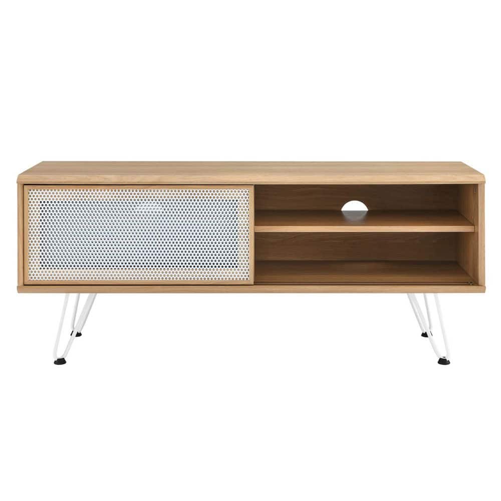 Nomad Oak Wood Grain Laminate TV Stand with White Mesh Doors