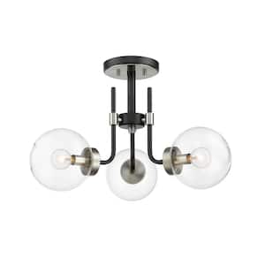 Parsons 22 in. 3-Light Matte Black and Brushed Nickel Semi Flush Mount with Clear Glass Shade