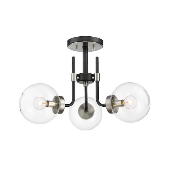 Unbranded Parsons 22 in. 3-Light Matte Black and Brushed Nickel Semi Flush Mount with Clear Glass Shade