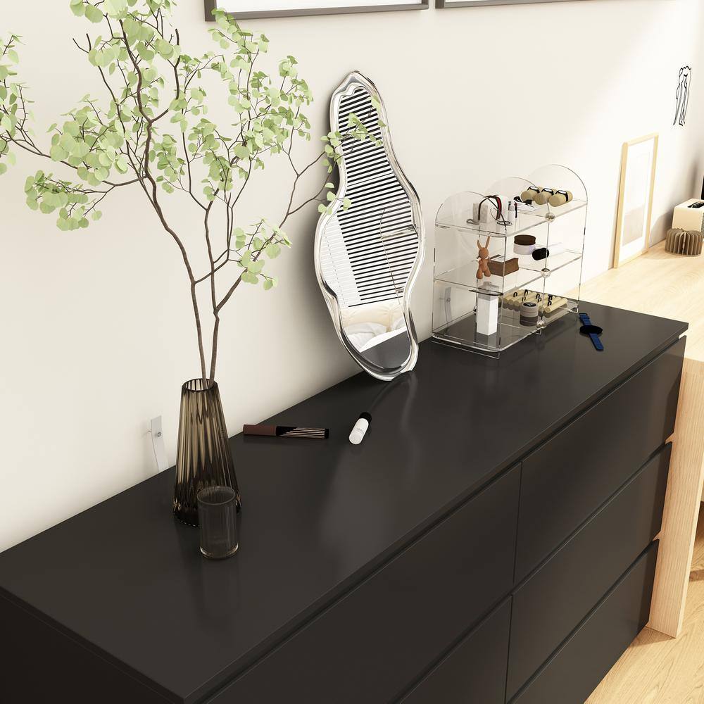 Black 6-Drawer 59 in. W Wooden Dresser without Mirror, Chest of Drawers, Storage Sideboard - thumbnail 6