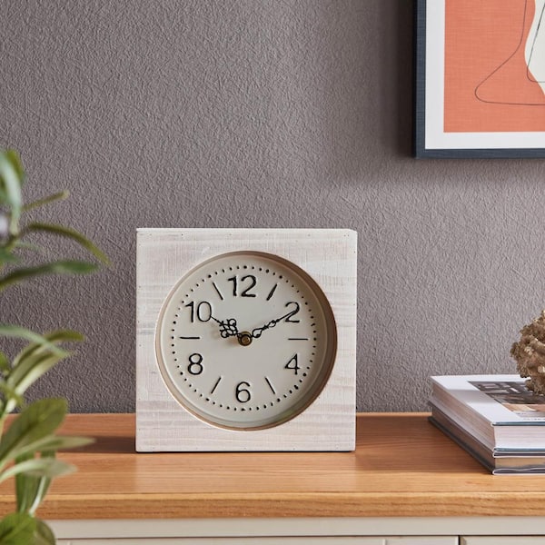 HEMSLY INC Square Modern Farmhouse White Wood and Metal Table Clock