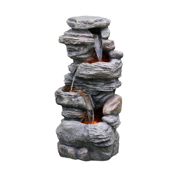 39.37 in. 4-Tier Outdoor Faux Stacked Stone Gray Tiered Water Fountain with LED Lights and Pump