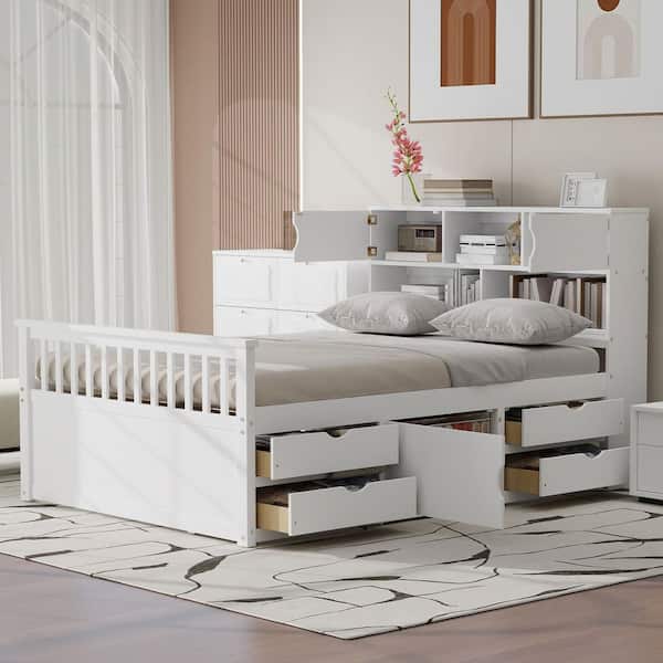 White Wood Frame Full Platform Bed with Storage Bookcases and Shelves, 4-Drawers