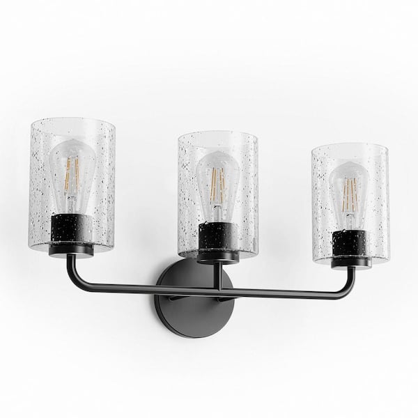 21 in. 3-Light Matte Cylinder Black Vanity Light with Clear Glass Shade Dimmable for Bathroom