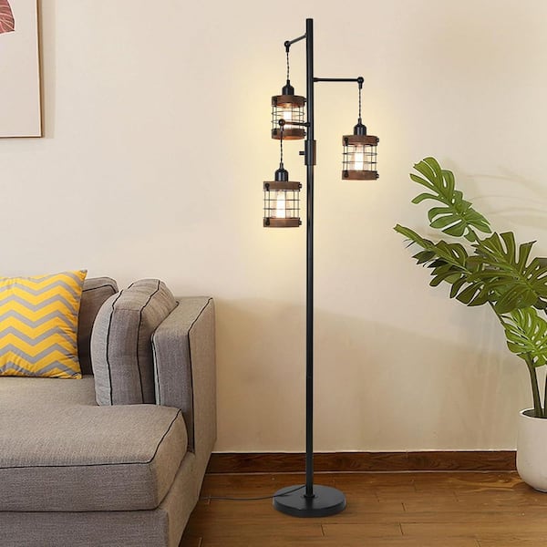 65 in. Black+Brown 3-Light Dimmable Standard Floor Lamp for Living Room with Wood and Metal Cage