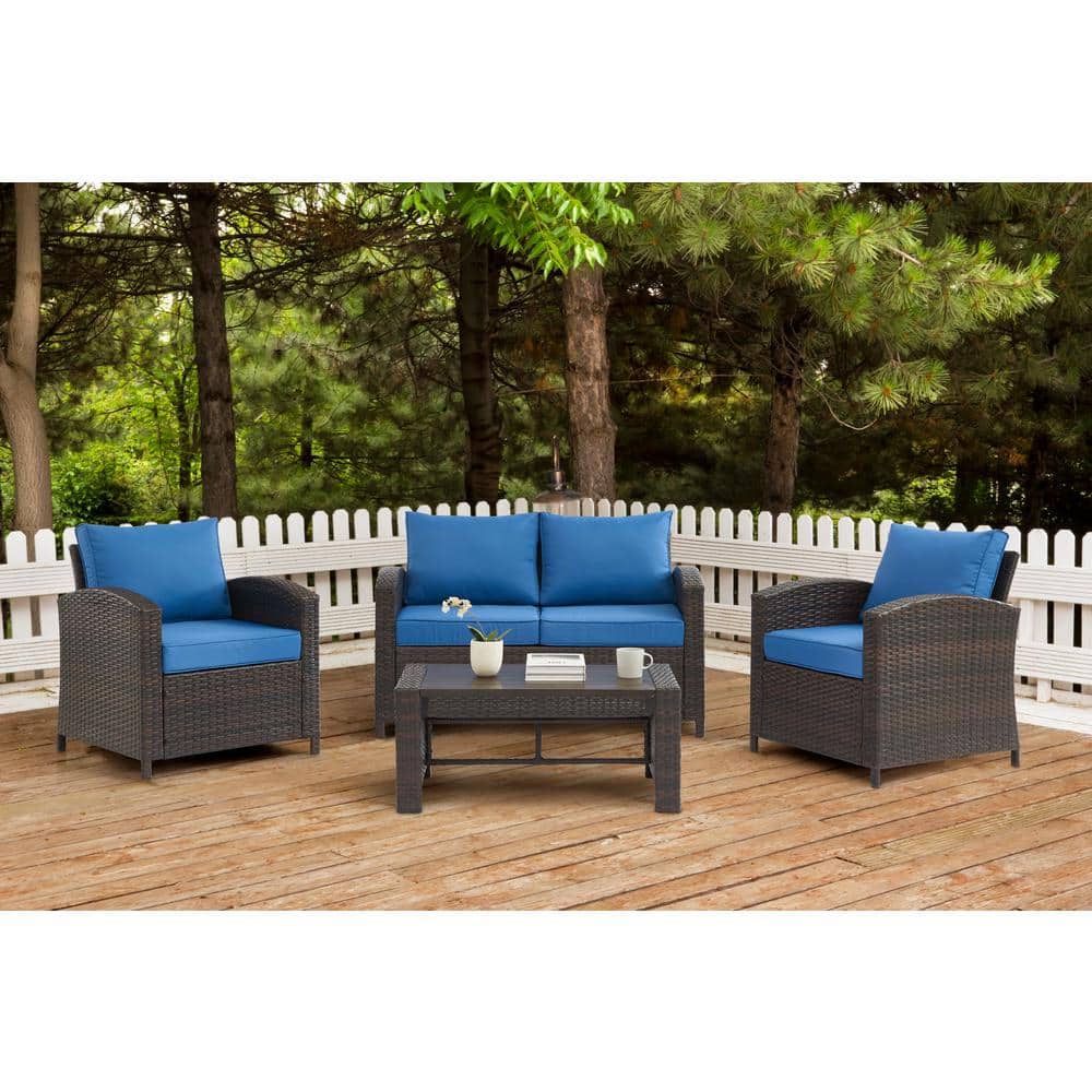 EDYO LIVING 4-Piece Wicker Patio Conversation Set with Blue Cushions LT1405-BL - The Home Depot