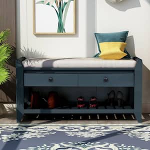 Antique Navy Entryway Storage Bench, Cushioned Seat Shoe Rack, 2-Drawers, Shelf Cabinet 39 in. L x 14 in. W x 19.8 in. H
