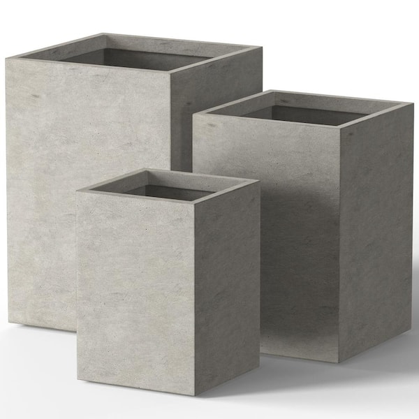 12.5", 16", 18.5" H Lightweight Concrete Planters, Square Plant Pots with Drainage Hole for Indoor/Outdoor, Weathered