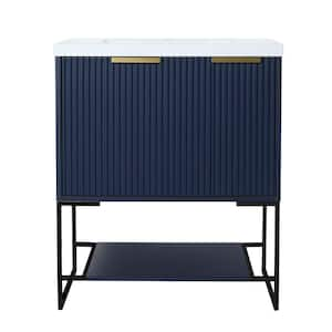 18.1in. W x 29.5in. D x 35in. H 1 Sink Freestanding Bath Vanity in Navy Blue with White Resin Top and Black Metal Feet