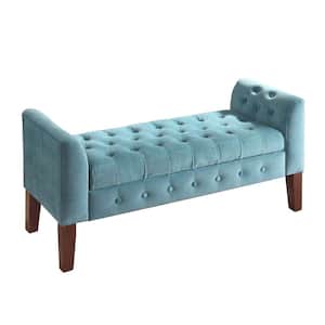 18 in. L x 50 in. W x 23 in. H TealBlue and BrownVelvet UpholsteredButton Tufted WoodenBench Settee with Hinged Storage