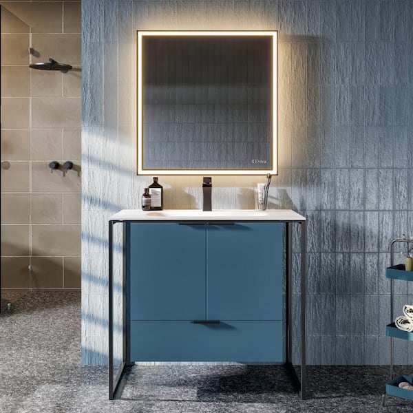 Onyx 34 in. Single Sink Floating Blue Bath Vanity with White Solid Surface Top (Assembled)