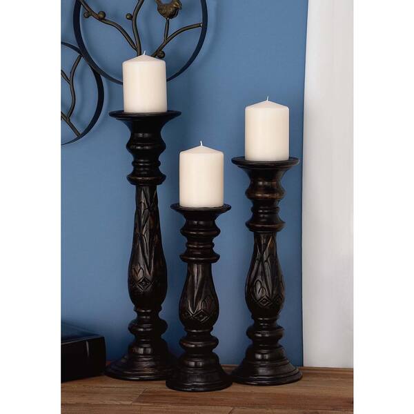 Litton Lane Classic Polished Brown Carved Mango Wood Candle Holder (Set of 3)