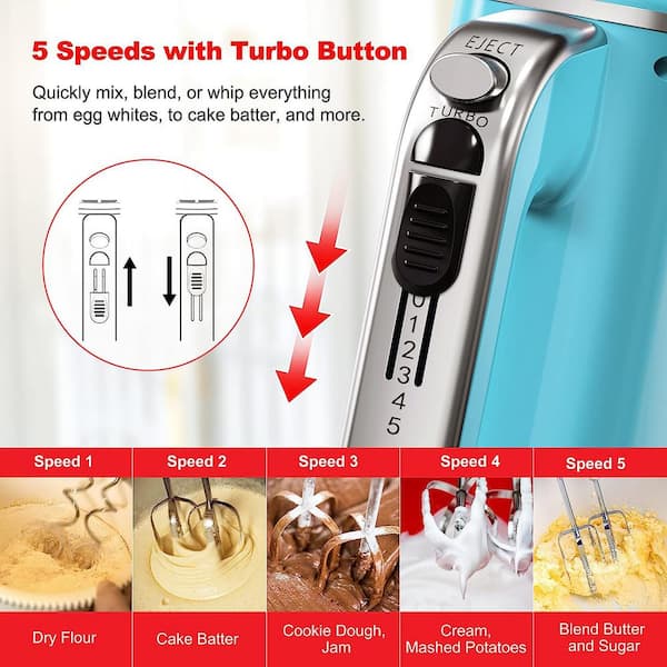 5 Speed Hand Mixer Electric, 200W Power Electric Whisk For Baking, Handheld  Mixer With With Beaters, Dough Hooks And Storage Base, One Button Eject