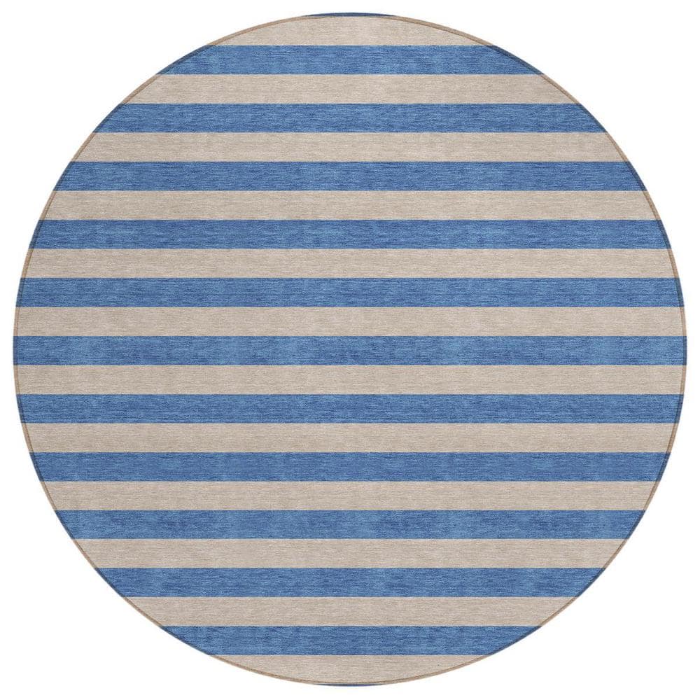 Blue and Tan 8 ft. Round Woven Striped Polyester Round Indoor/Outdoor Area Rug price history on PriceWatchPro