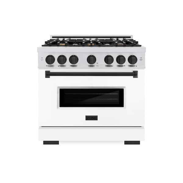 Autograph 36 in. Classic Gas Range with 6 Burners and Convection Gas Oven in Satin Steel with White and Black Accents