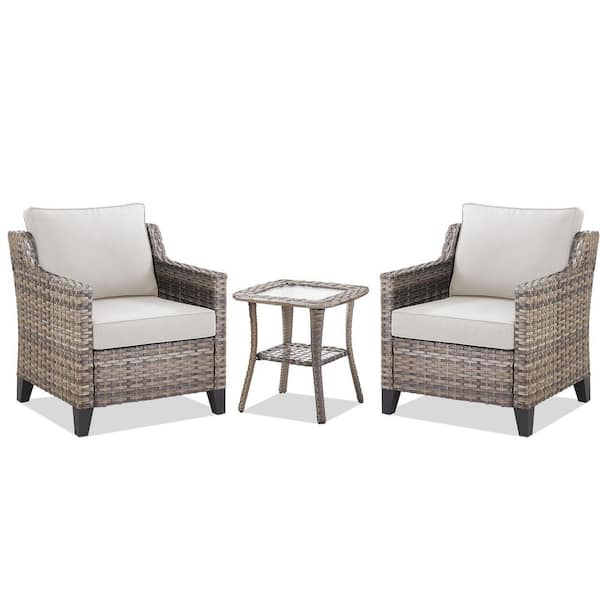 3-Piece Patio Gray Wicker Outdoor Lounge Chair Sets with Side Table and Beige Cushions, Chat Set