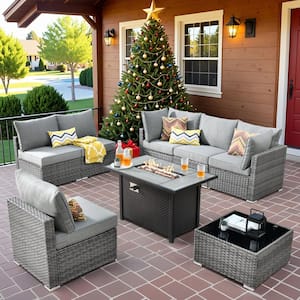 Messi Gray 8-Piece Wicker Outdoor Patio Conversation Sectional Sofa Set with a Metal Fire Pit and Dark Gray Cushions