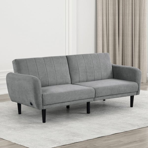 Furniture of America Alkent 81 in. Gray Solid Fabric Full Size Sofa Bed with Soft Flared Arms