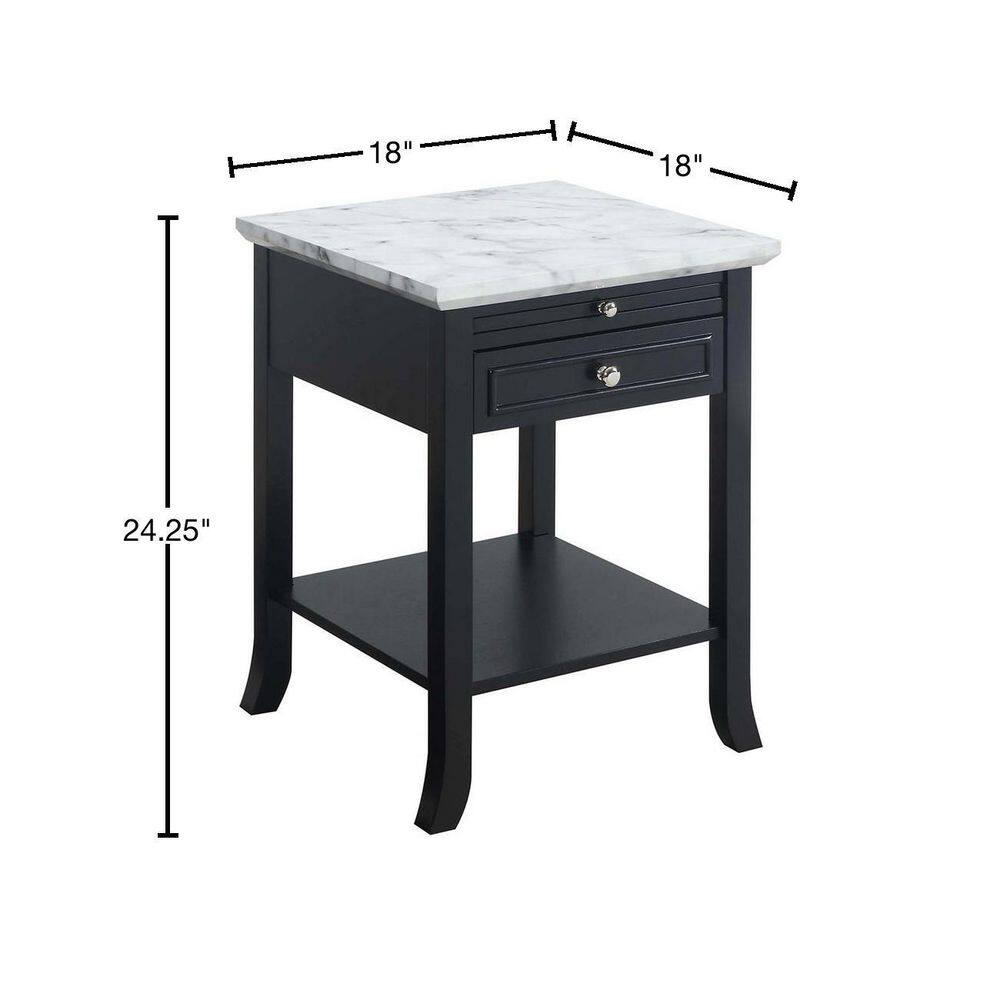 White Faux Marble and Black Wood End Table with Storage