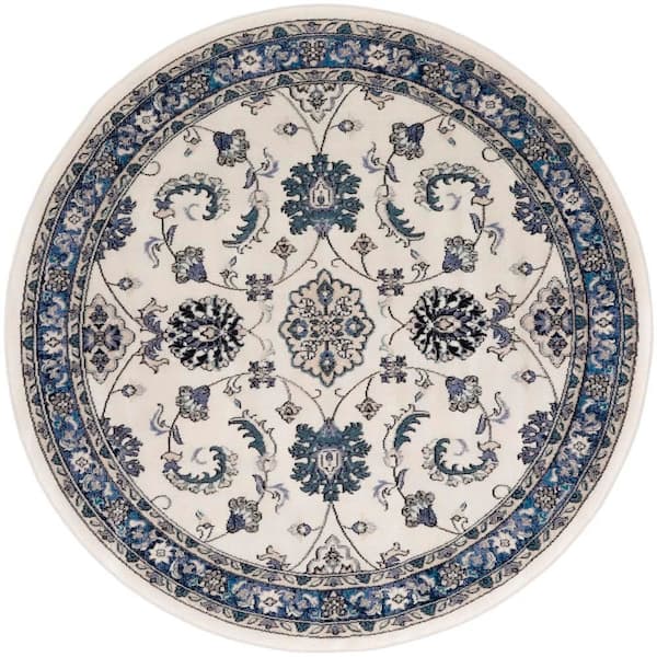 Essentials Ivory Blue 4 ft. x 4 ft. Center medallion Traditional Round Area Rug