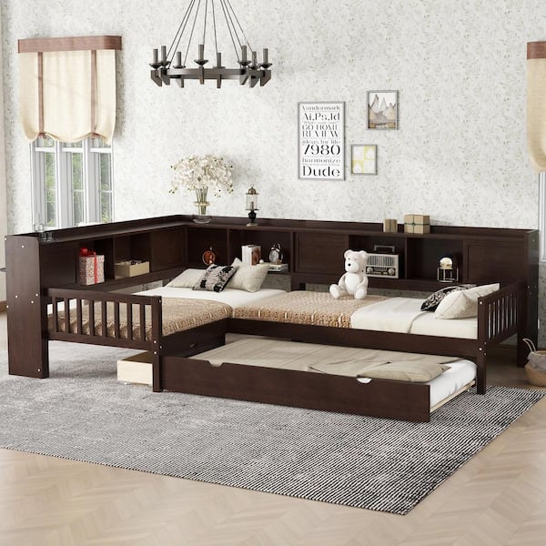 Espresso Brown Wood Frame Twin Size L-Shaped Platform Bed with Trundle, Storage Drawers and Shelves