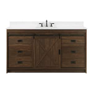 Rafter 60 in. W x 22 in. D Bath Vanity in Rustic Brown with Carrara White Engineered Stone Vanity Top with White Sink