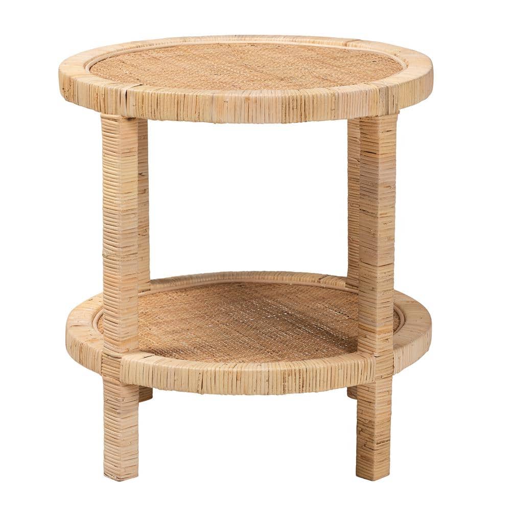 Bella Natural Mahogany Wood and Rattan 2-Tier Round Accent Table