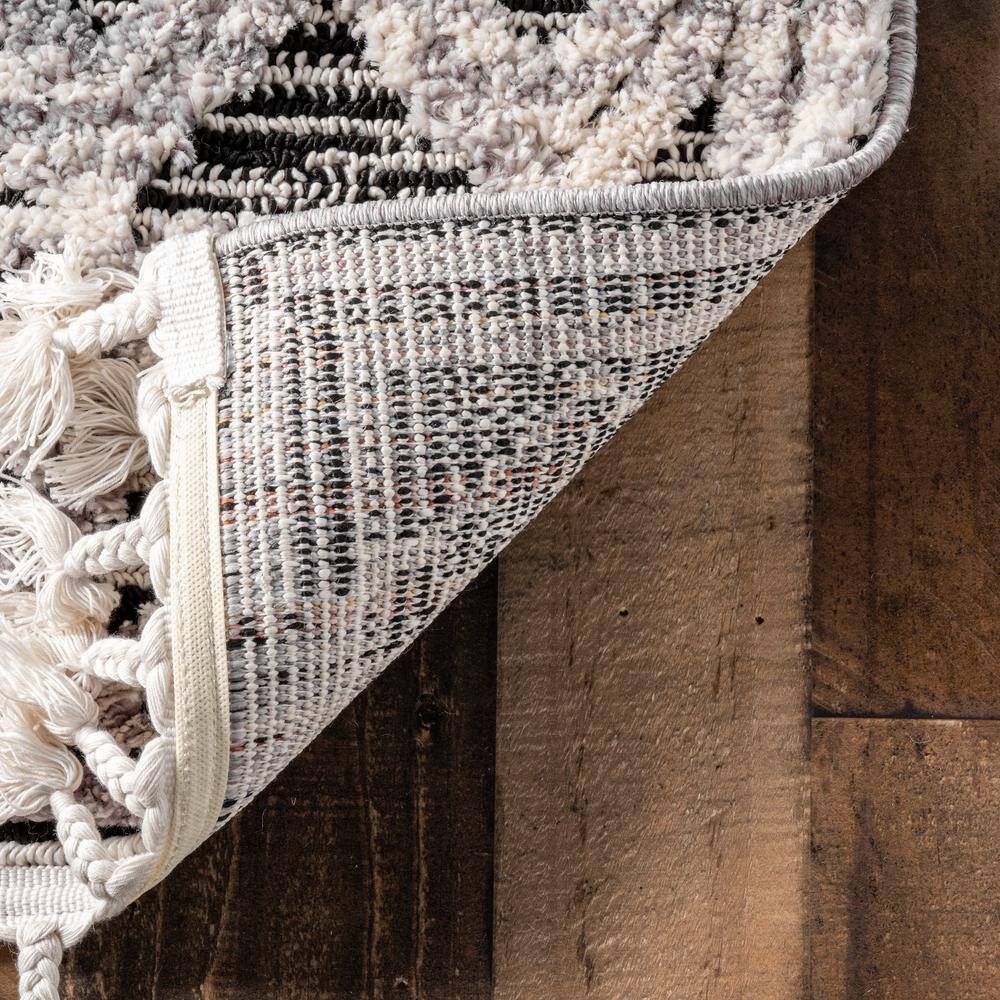 Gray Moroccan Lattice Tassel Runner Rug with Braided Shag