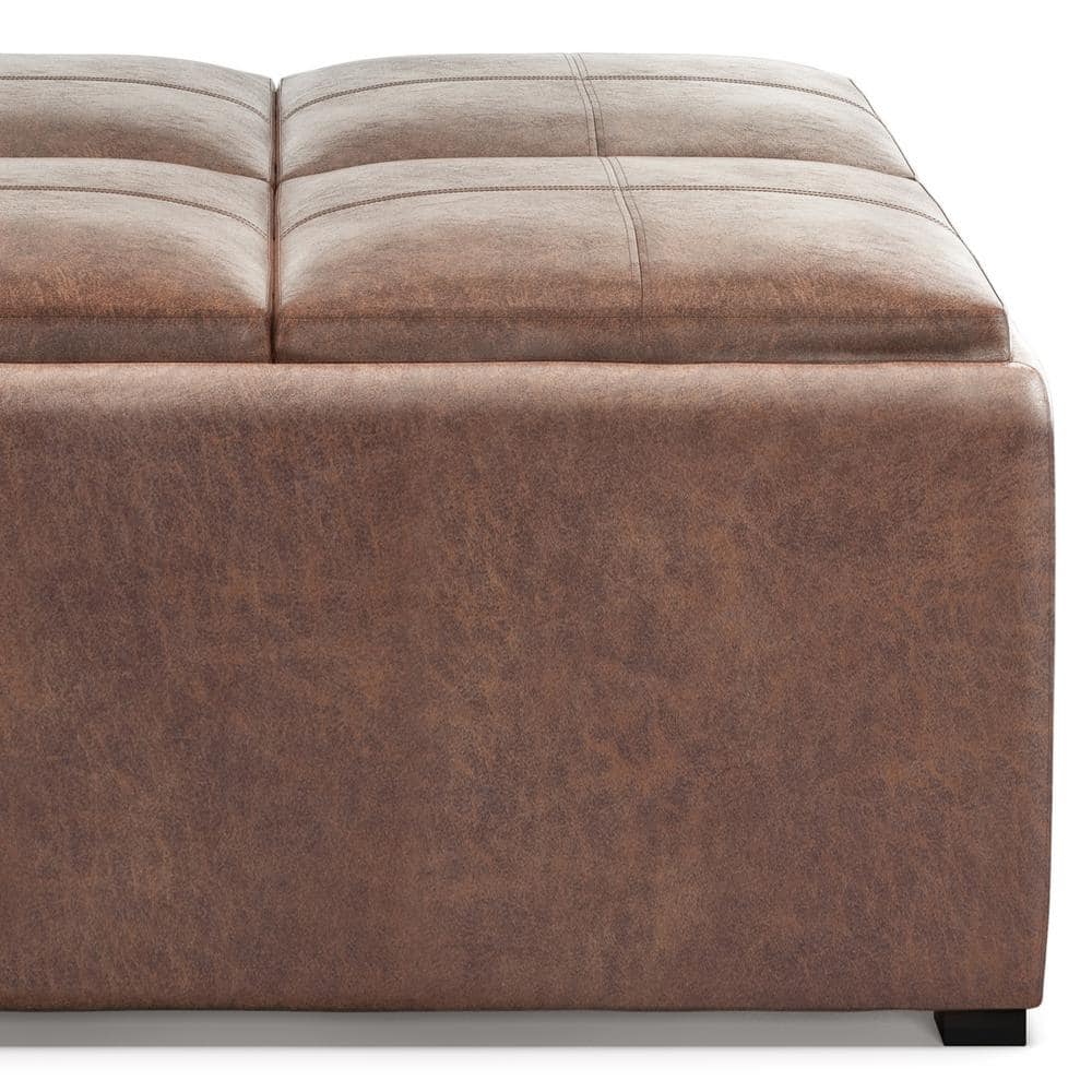 Avalon 35" Distressed Umber Brown Faux Leather Square Storage Ottoman