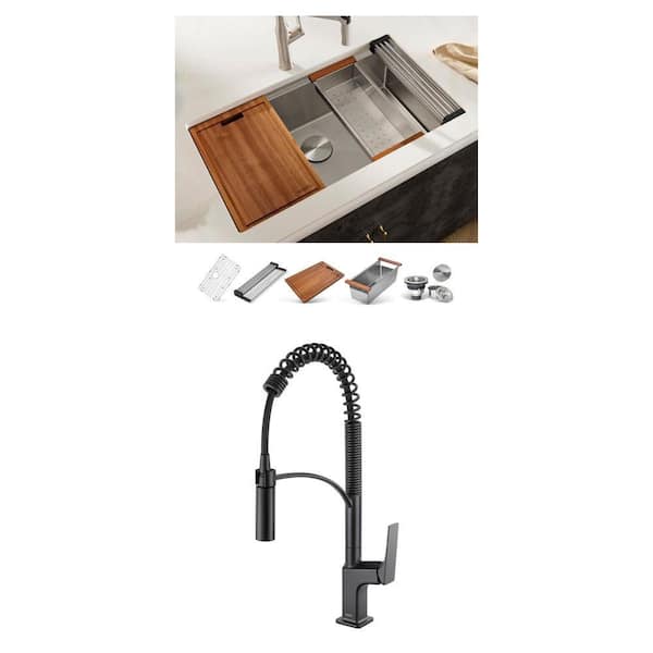 Roma Pro 30 in. Sink and Seneca Matte Black Pull Down Kitchen Faucet Combo