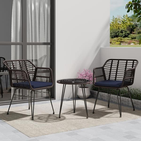 3-Piece Wicker Patio Outdoor Bistro Set Brown Frame Round Outdoor with Blue Cushions