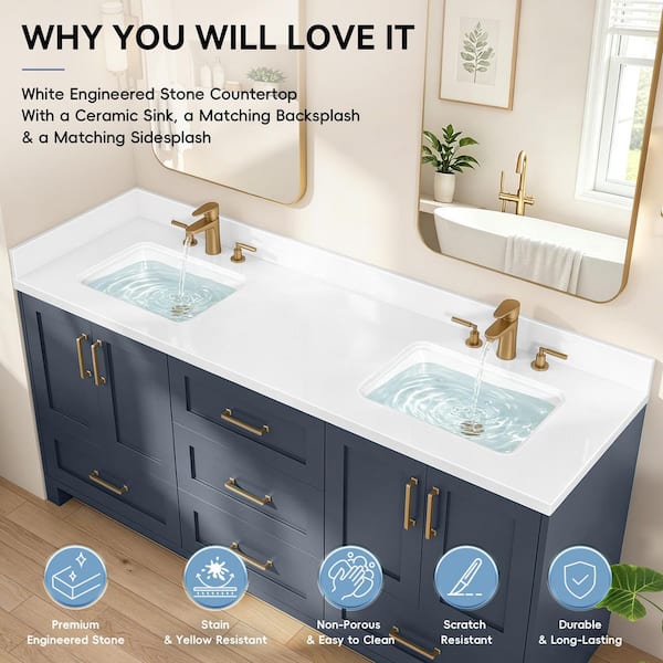 Zeafive 72 in. W x 22 in. D Engineered Stone White Rectangular