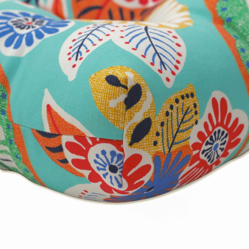 Bright Floral Aqua Tufted Indoor/Outdoor Chair Cushions, Set of 2