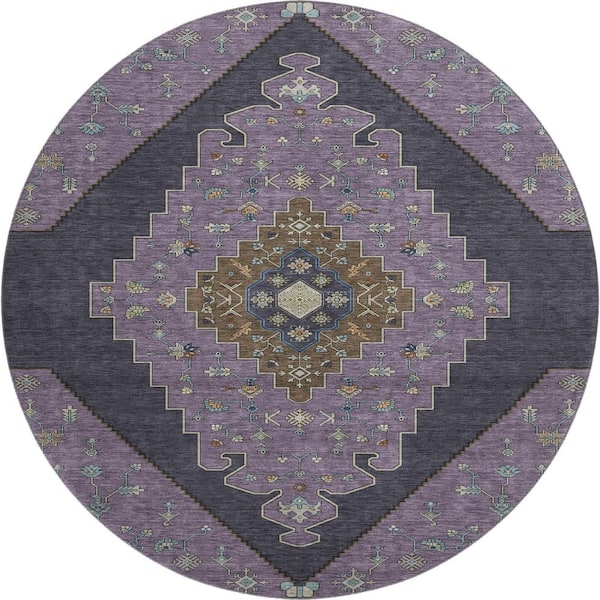 Mayfield Premium Machine Washable Abstract AMF2472 Plum 8 ft. x 8 ft. Round Rug