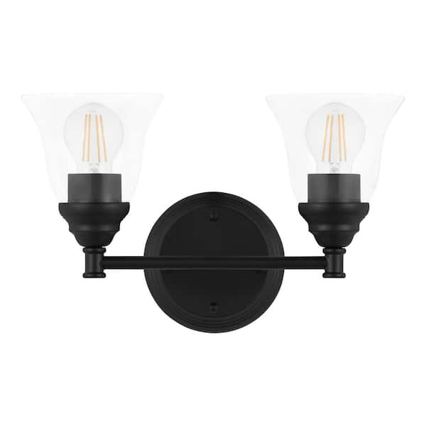 Hampton Bay Marsden 14.25 in. 2-Light Matte Black Transitional Vanity Light with Clear Glass Shades