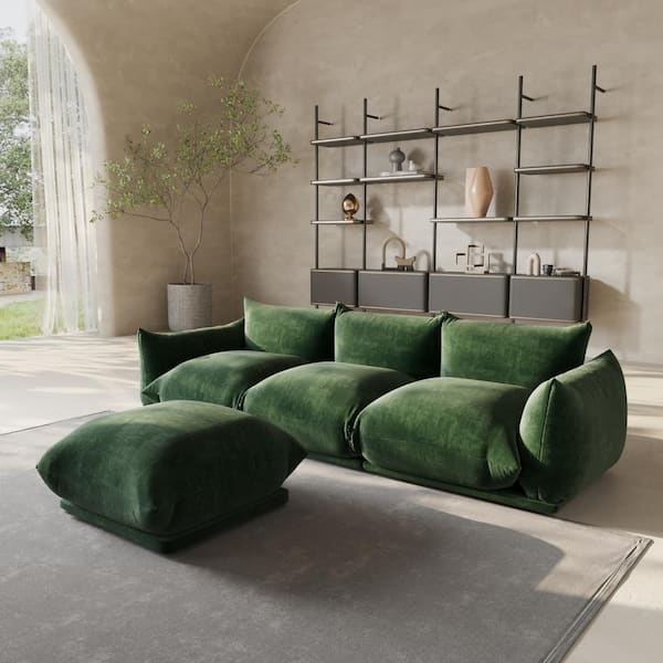 Magic Home 104 in. Flared Arm 4-Piece Chenille 3 Seater Modular Minimalist Convertible Couch Sectional Sofa with Ottoman in. Green
