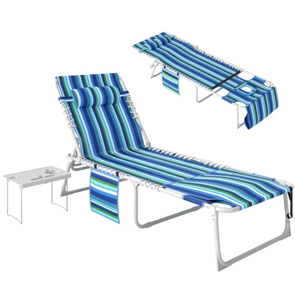 29.9 in. x 24.8 in. Blue Stripe 5-Position Adjustable Folding Chaise Lounge Chair with Side Table for Outdoor price history on PriceWatchPro