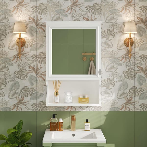 White 20 in. W x 28.74 in. H Rectangular Wall Mounted Bathroom Medicine Cabinet with Mirror, Open Shelf