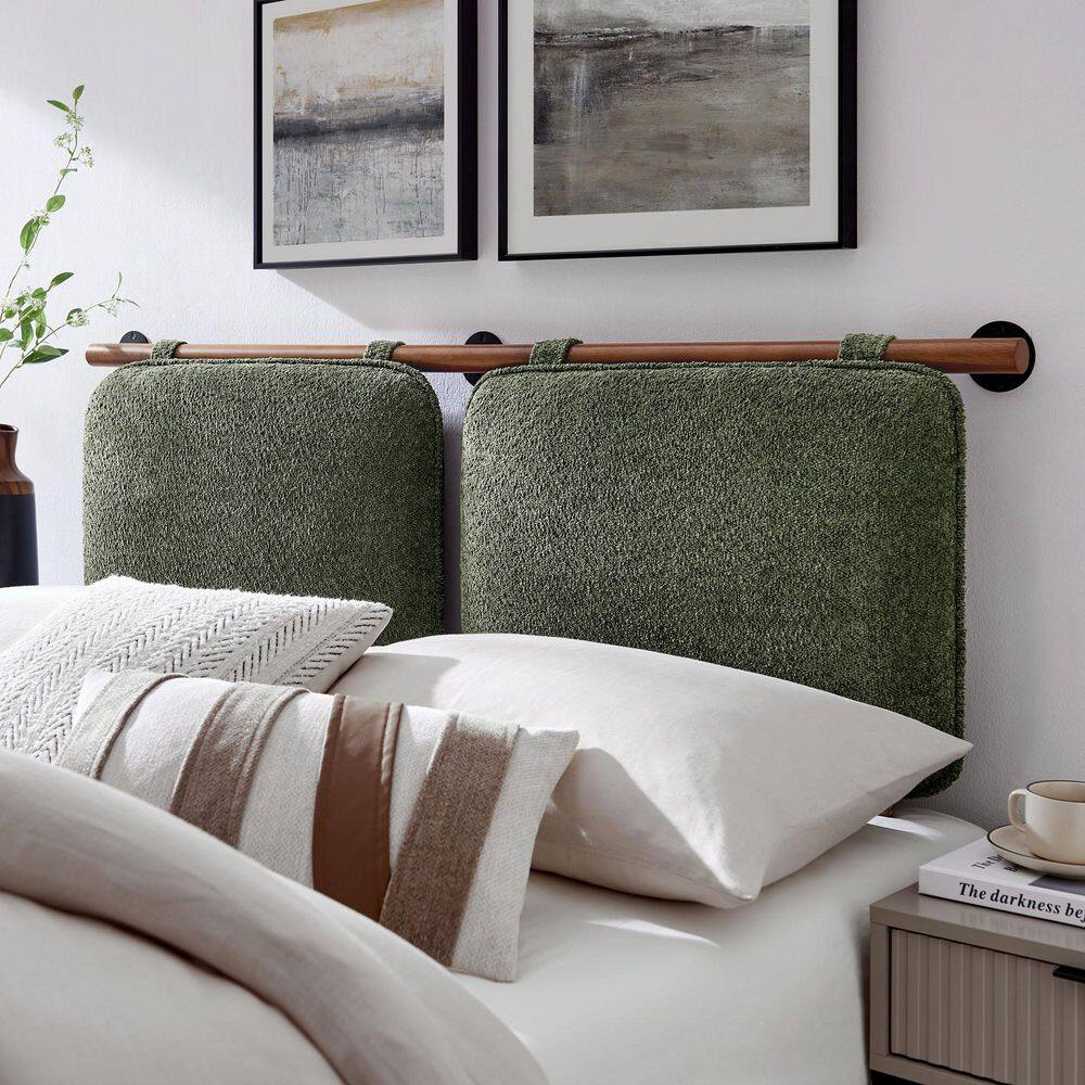 Sage Green Chenille Upholstered Floating Full Headboard with Walnut Bar